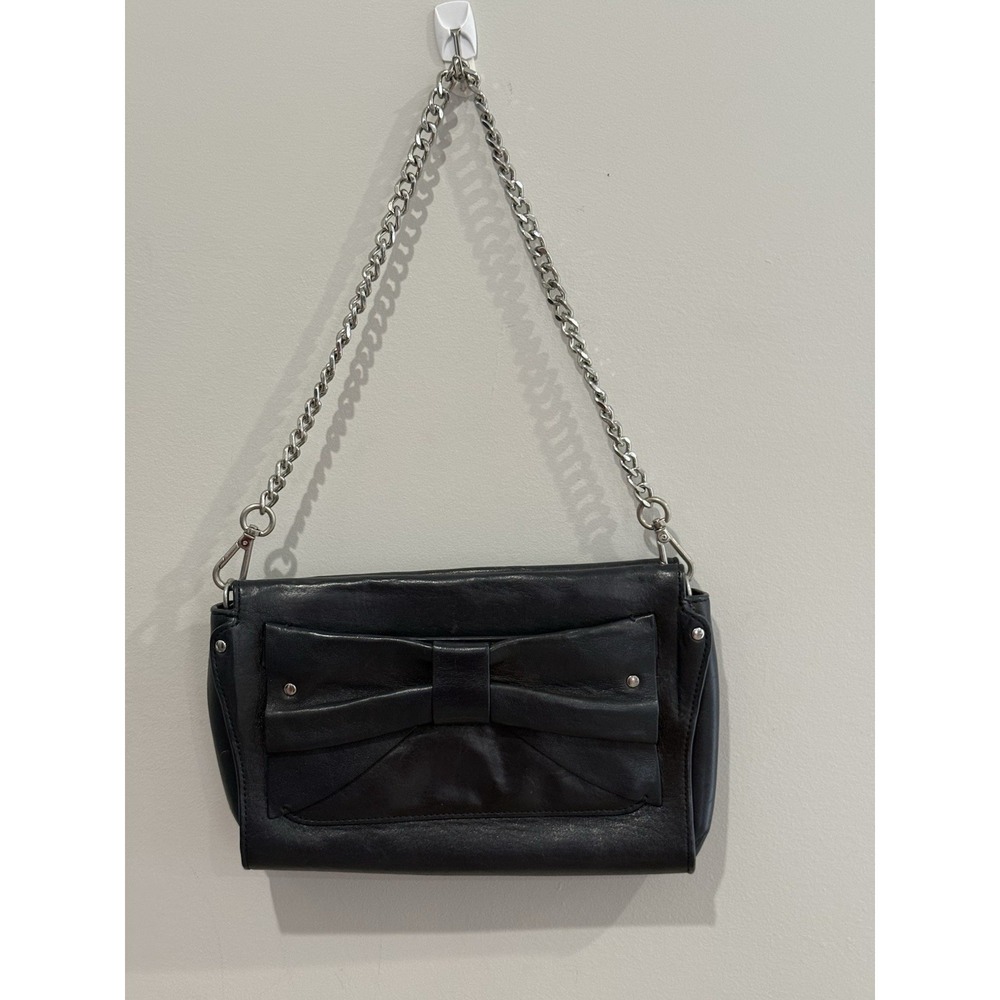 Nanette Lepore Navy Bow Leather Purse Silver Chain 7x11.5"